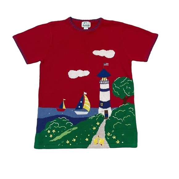 The Quacker Factory Embroidered Red/Green/Blue Short Sleeve Christmas Sweater M - Picture 1 of 4